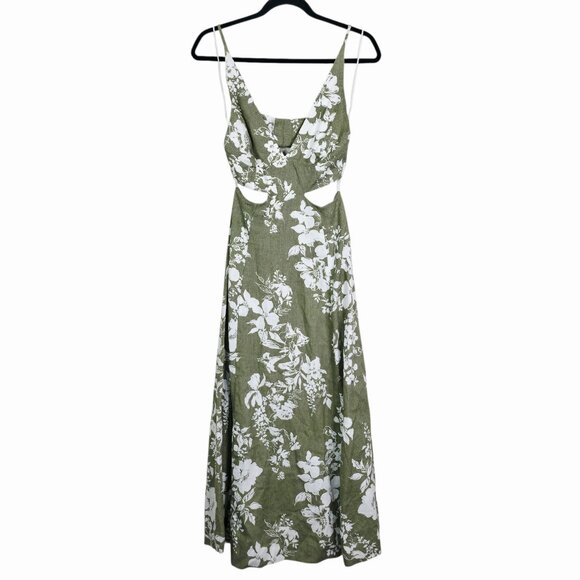 Reformation Samara Midi Dress Willow Green Floral Linen Cut Out Open Back Size 2 - Picture 3 of 11